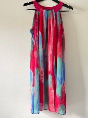 Robbie Bee Women's Sleeveless Chiffon Dress Pink Blue Abstract Print Size Medium